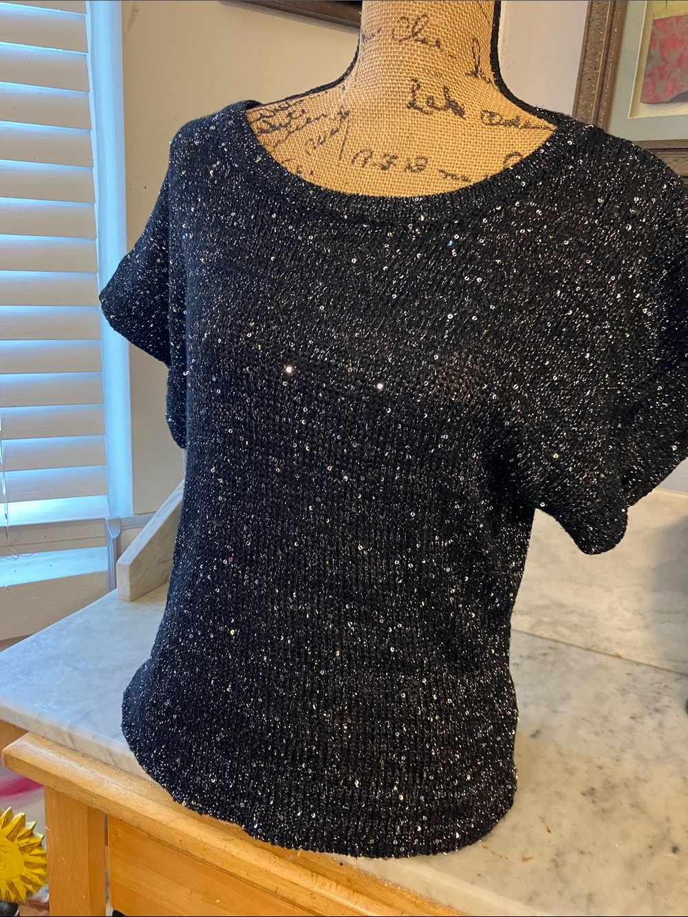 H by Halston Black Sparkle Short-Sleeve Crewneck Sweater Sexy Comfy Stylish! M